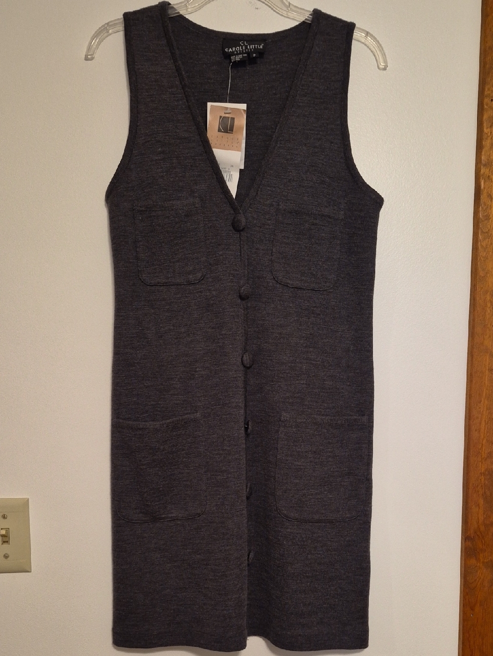 NWT Vintage Carole Little Charcoal Sleeveless Button-Front Knit Vest Dress Sz 8